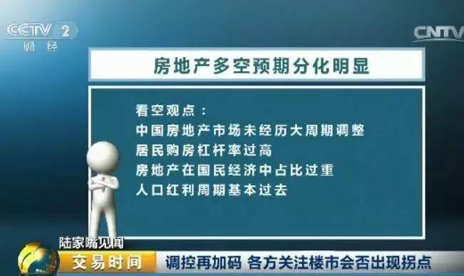 看空的观点则认为，从大周期来看中国房地产市场从未经历过合理的调整，而目前居民购房的杠杆率也过高，房产在国民经济中的占比过重，人口红利周期也已基本过去，调整已是应有之义。尤其是很多人把今年房产市场过热和去年股市相比较，很多现象具有相似性。在各个地区、中央各部委合力遏制下，房地产市场会不会上演类似去年股市的故事。这也是一个值得大家玩味的角度。
